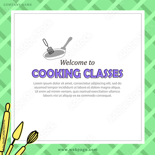 Square card or banner with text - welcome to cooking classes. Template of poster with invitation to culinary courses on background with green checked tablecloth. Vector leaflet with kitchen tools