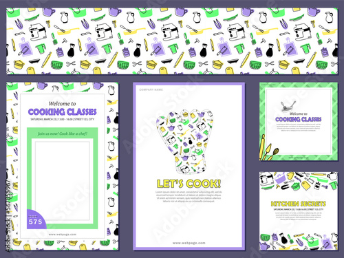 Set of seamless pattern with kitchenware and 4 cards with invitation to cooking classes. Banners, posters with info about culinary courses with chef. Leaflets,flyers in purple, green and yellow colors
