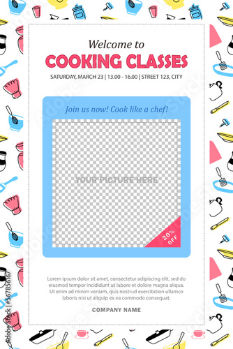 Banner or leaflet with invitation to cooking classes, chef school. Flyer with address, culinary course schedule, transparent place for photo or text and linear silhouettes of kitchenware on background