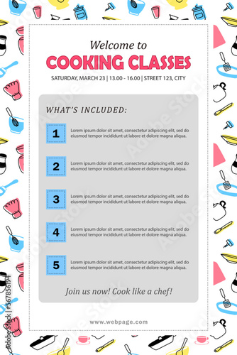 Template of banner - welcome to cooking classes! Flyer with information about what is included in culinary courses. Poster with invitation - join us now, cook like a chef! Advertising vector leaflet