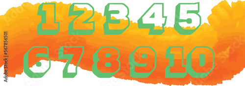 3D number set in green color from 1 to 10 in cheery orange background. Interacting with children is a lot of fun. A useful resource for children's greeting cards, posters, and educational purposes.