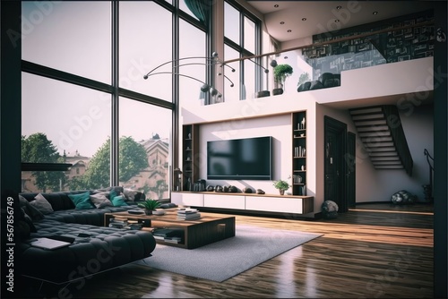 Luxury interior living room with big bright windows and good view sofa furniture 