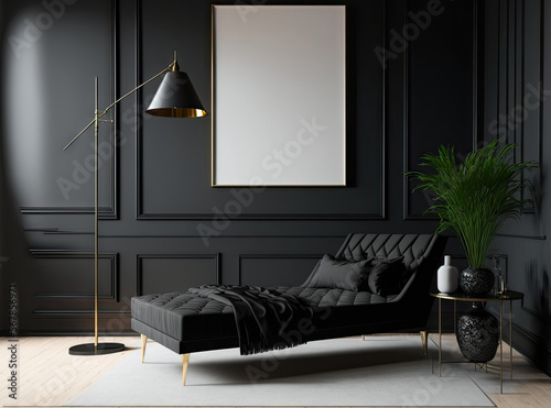 Fotografija Mockup of a large, all black bedroom interior with a lamp and a chaise lounge on a white wall
