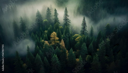 Fototapeta Naklejka Na Ścianę i Meble -   foggy forest landscape view from above
