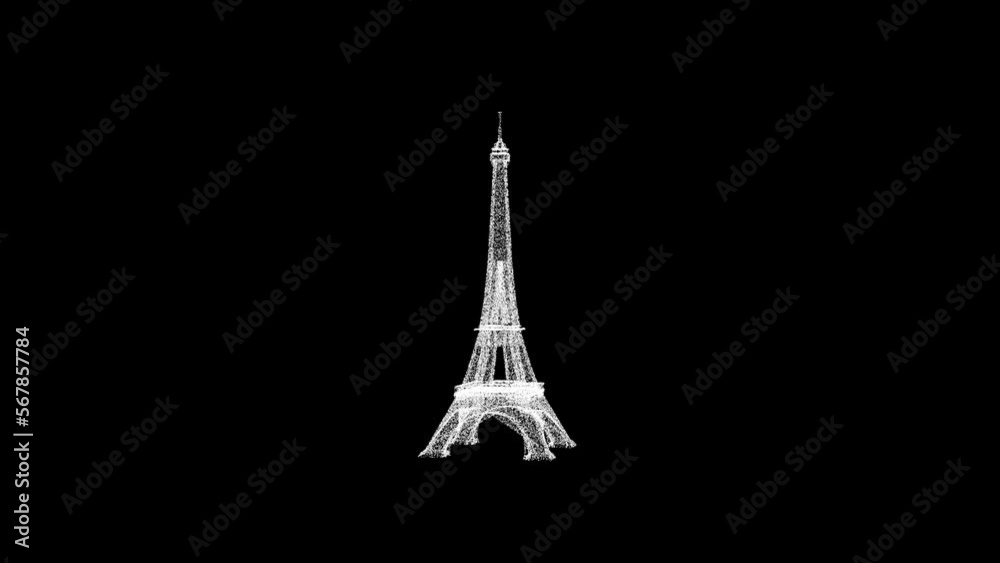 3D Eiffel Tower rotates on black background. Object consisting of white flickering particles 60 FPS. Science concept. Abstract bg for title, presentation. Screensaver. 3D animation