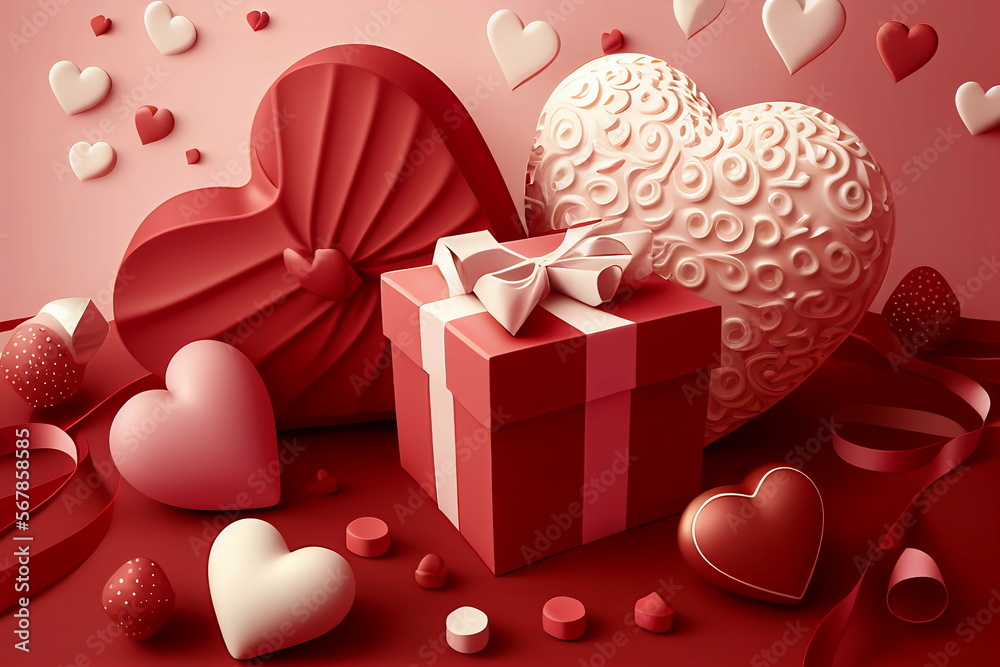Valentinstag Grafik mit roter Geschenkbox und Schleife und herzen 