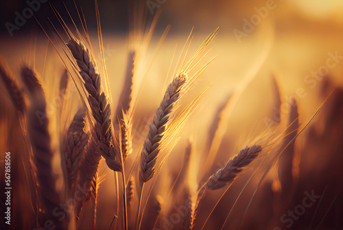 Wheat field with ripening golden ears against sunset created with AI