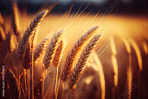 Wheat field with ripening golden ears against sunset created with AI
