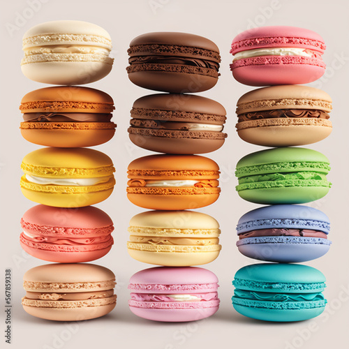 Cakes macaron or macaroon stacks on light background, colorful vibrant almond cookies, brightl colors.