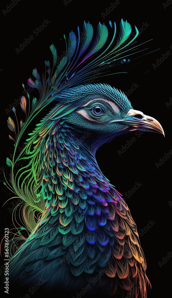 Colorful line art portrait of a Peacock, Digital Art, tattoo art, Illustration, line art