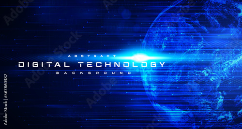 Digital technology worldwide global network internet connection blue background, Abstract cyber tech futuristic planet map world, Ai big data, Innovation 5g wireless wifi future, illustration vector