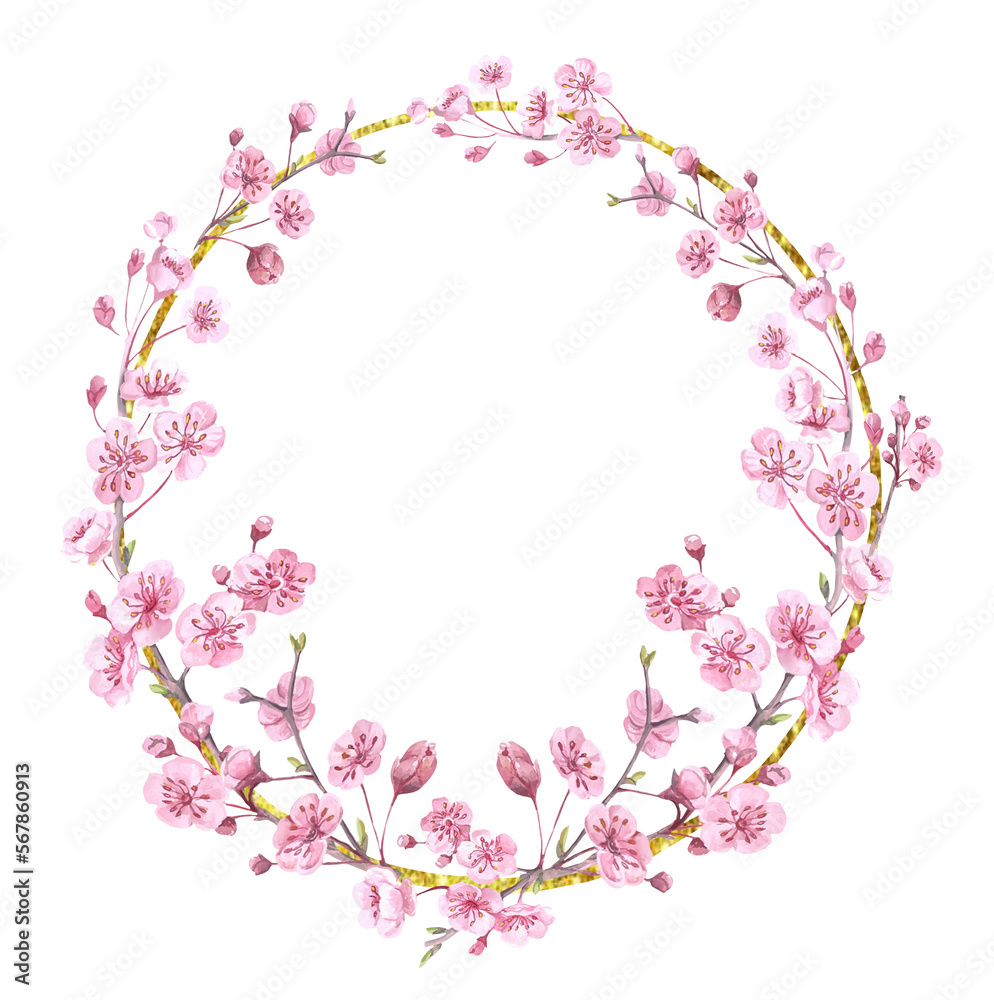 Watercolor Spring wreath of blooming pink cherry blossoms, flower frame Watercolor Spring wreath of blooming pink cherry blossoms, flower frame