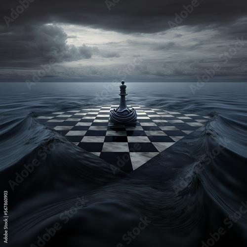 the chessboard floats in the middle of the sea game matt finish pieces checkered hobby water red block gathering storm clouds on the rock just one figure dummy puppet Generative AI