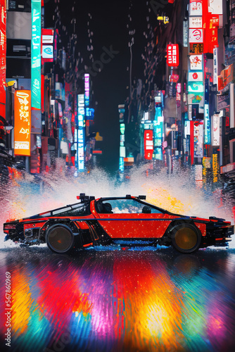 Back to the future futuristic car in colored neon city