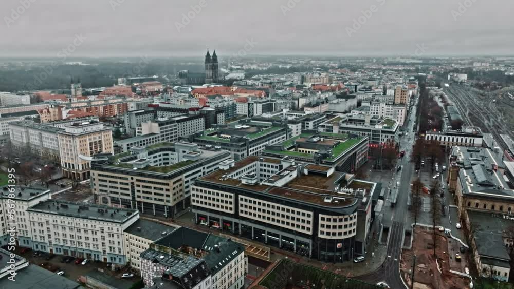 Aerial view of Magdeburg city in winter shrouded in Fog, Saxony-Anhalt, Germany. Aerial view of Magdeburg city in winter shrouded in Fog, Saxony-Anhalt, Germany.