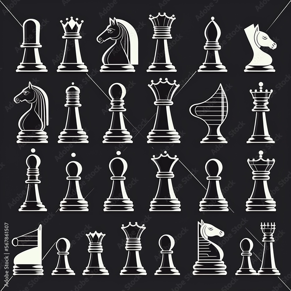 Chess icon set. Black and linear. Vector pieces chess matt background