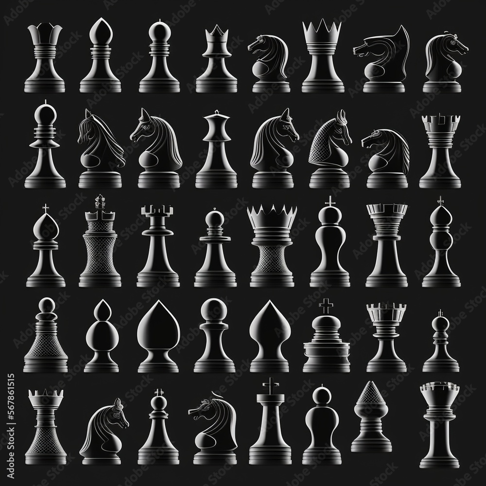 Chess icon set. Black and linear. Vector pieces chess matt background