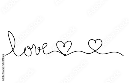 Calligraphic inscription of word "love" and heart as continuous line drawing on white background