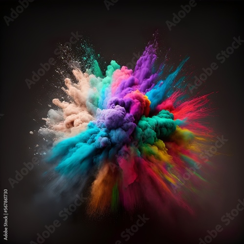 Explosion of colored paint powder. Colorful background. Abstract splash of rainbow colors black design style smoke dirt smog spray Generativ AI