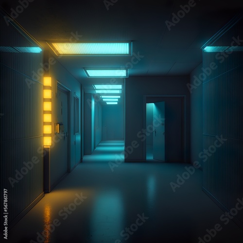 fluorescent light in night in a long corridor night  building dark black Generativ AI  © Gerg