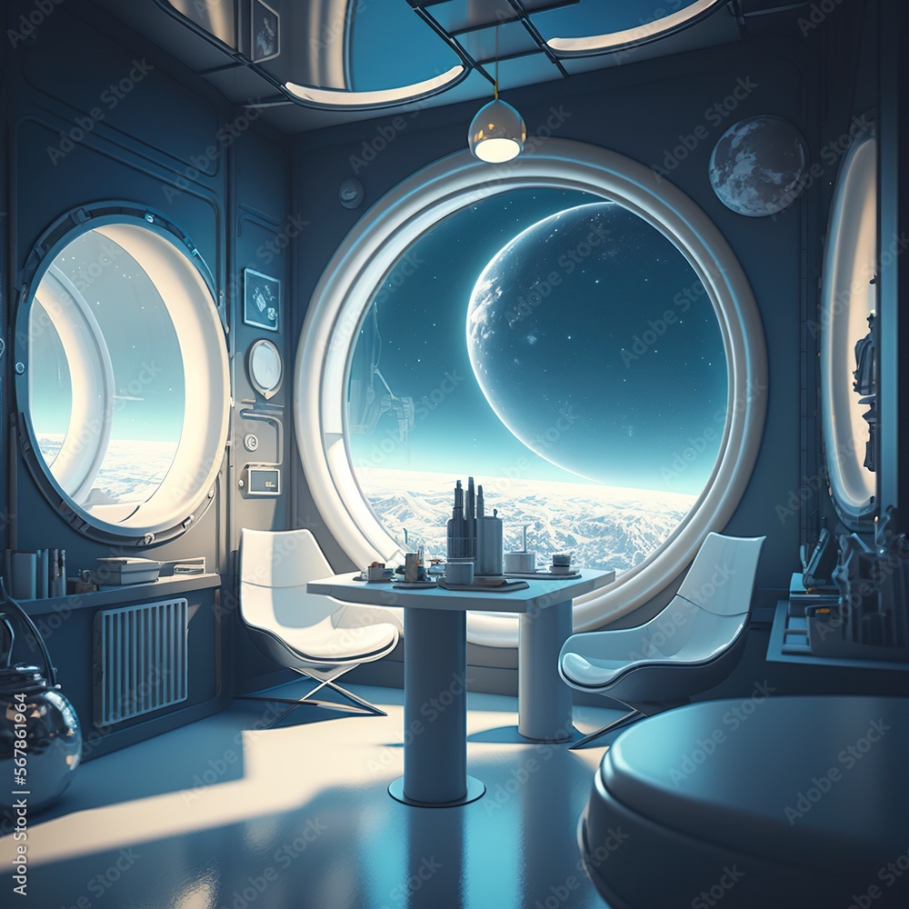 Modern luxury apartment on a space station, concept of SciFi Design