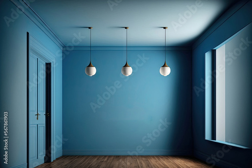 Front view of a contemporary room with a wooden floor, an empty blue wall, and ceiling lamps. advertisement concept by Gallry. a mockup. Generative AI photo