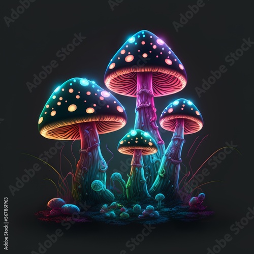 Neon toadstools illustration. Glowing mushrooms on dark background nature fluoristic dotted lightning killer galo Generativ AI