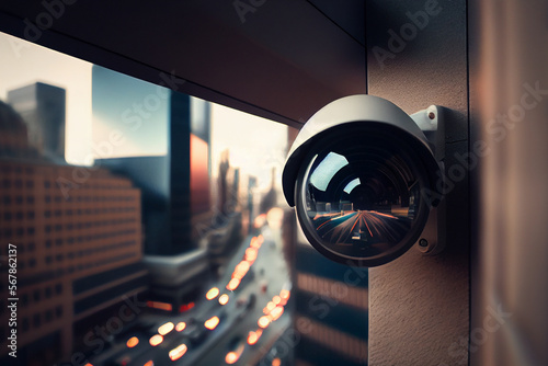 Nahaufnahme einer Überwachungskamera, in einer Stadt - Generative Ai