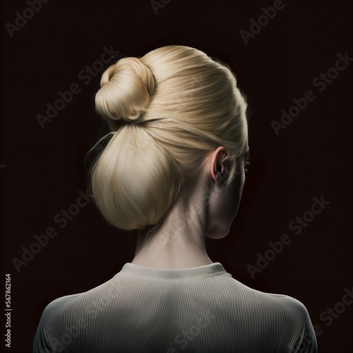 professional blonde bun model back view with black background crissors beauty cool modern design style woman girl hairdressing salon sample Generativ AI