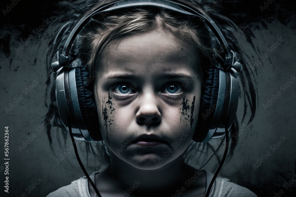 Scared girl in headphones, concept of Anxiety and Solitude, created ...