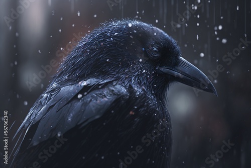 Sad raven, concept of Mourning and Loneliness, created with Generative AI technology