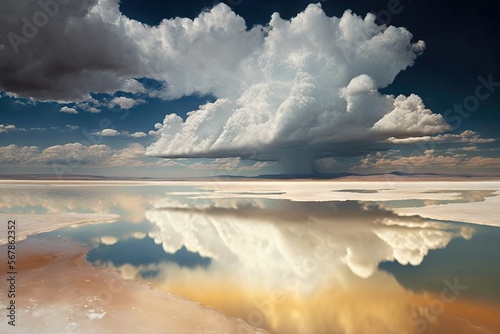 low clouds over reflective water surface, concept of Water Vapor and Condensation, created with Generative AI technology
