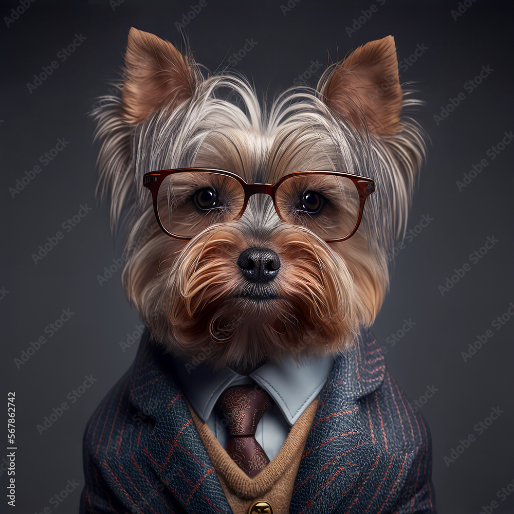 Portrait of a dog dressed in a formal business suit, Yorkshire terrier with glasses, generative ai