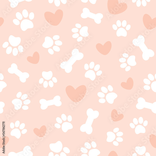Cute seamless pattern with pet paw, bone and hearts. Vector illustration on pink background. It can be used for wallpapers, wrapping, cards, patterns for clothes and other.