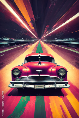Vintage retro car with colored streaks of paint in the background