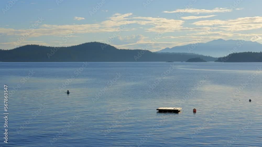 Establishing shot of ocean beach with rocks, pebbles and wood logs in slow motion at summer day in Vancouver, Canada, North America. Day time on September 2022. Still camera. ProRes 422 HQ. Establishing shot of ocean beach with rocks, pebbles and wood logs in slow motion at summer day in Vancouver, Canada, North America. Day time on September 2022. Still camera. ProRes 422 HQ.