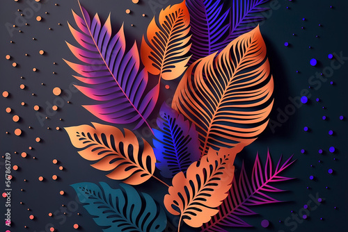 Multicolored tropical leaves from colored paper  neon tropics background. AI