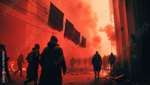 Riots in the dystopian post apocalyptic street, red smoke around, crowd silhouette, Generative Ai