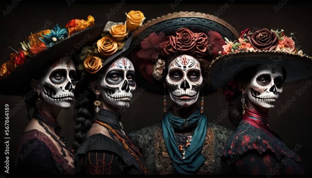 Dia de los muertos, Mexican holiday of the dead and halloween. Five women with sugar skull make up and flowers. generative AI
