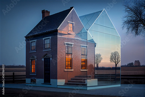 Traditional house with a transparent glass outbuilding, generative AI