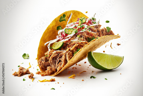 taco with pulled pork and lime on a white background. Generative AI photo