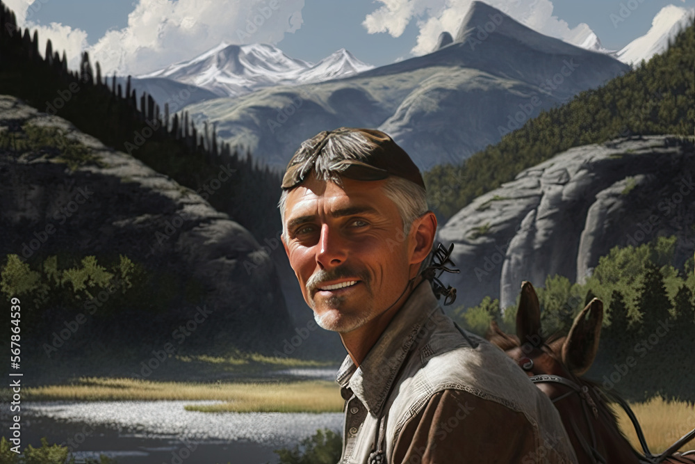 Naklejka premium Happy caucasian man exploring mountain scenario riding a horse. Mountains, trees and river in the background - Generative AI