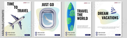 Travel social media post and web banner template design with blue accent. Set of web banner, flyer or poster for travel, tourism, adventure company, offer promotion. 