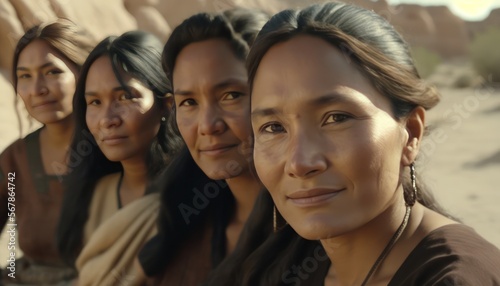 Group of beautiful attractive indigenous Native American  women looking at the camera. Generative AI photo