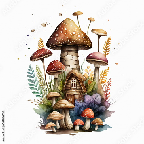 Colorful magic fantasy mushrooms in a forest. Mushroom fairy house, watercolor art. AI Generative.