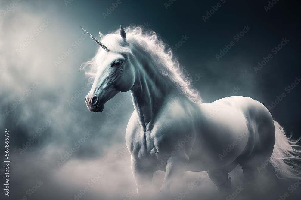 A stunning unicorn stallion with a white coat is surrounded by clouds and fog. Generative AI A stunning unicorn stallion with a white coat is surrounded by clouds and fog. Generative AI