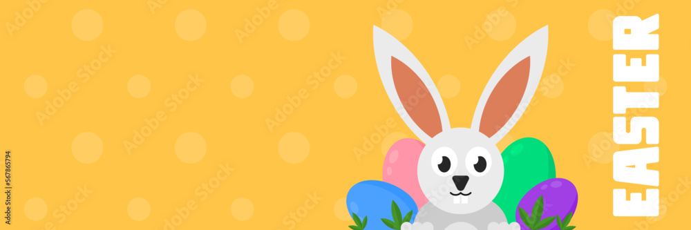 Obraz premium Easter bunny banner with colored eggs. Flat design vector illustration.