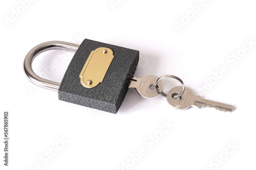 Padlock with keys on a white background isolated