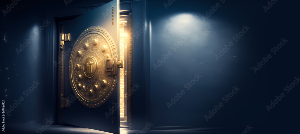 Gold Safe deposit with bitcoin logo. Concept symbol of cryptocurrency safety in internet blockchain virtual. Copy space banner. Generation AI - obrazy, fototapety, plakaty 