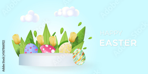 Fototapeta Naklejka Na Ścianę i Meble -  Easter sale podium. Podium, bright Easter eggs, tulips, spring elements. Vector graphics